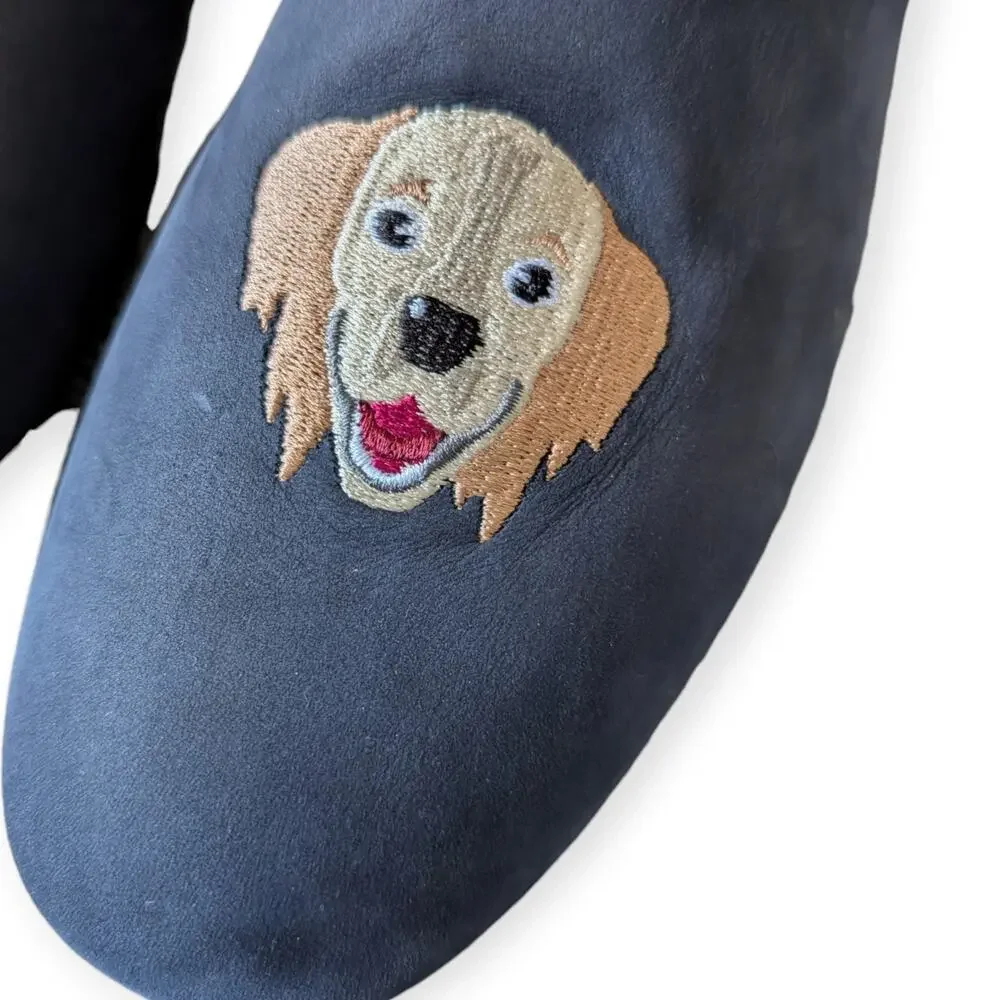 Del Toro x Saks Fifth Avenue Dog Embroidered Navy Blue House Slippers Mens 10.5
